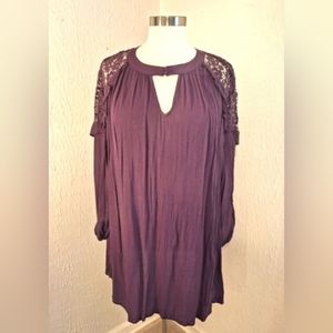 Roaman's Long Sleeve Crocheted and Ruffled Shoulder Tunic